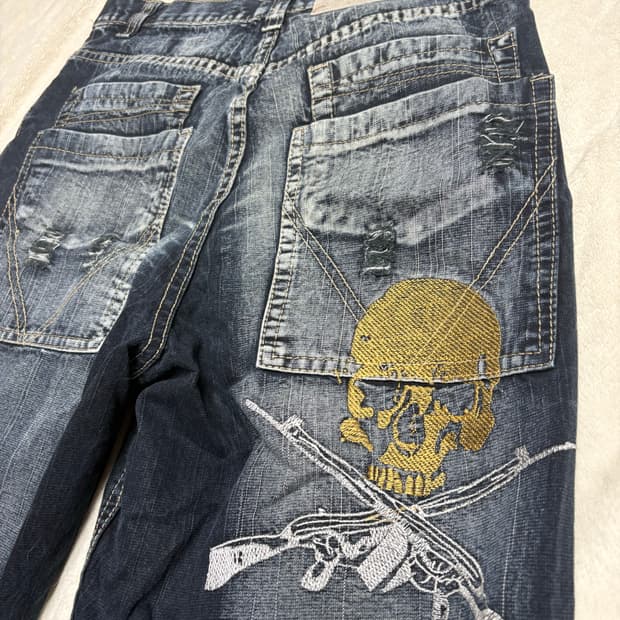 Hanwel Jeans 흑청 해골 데님 워싱팬츠