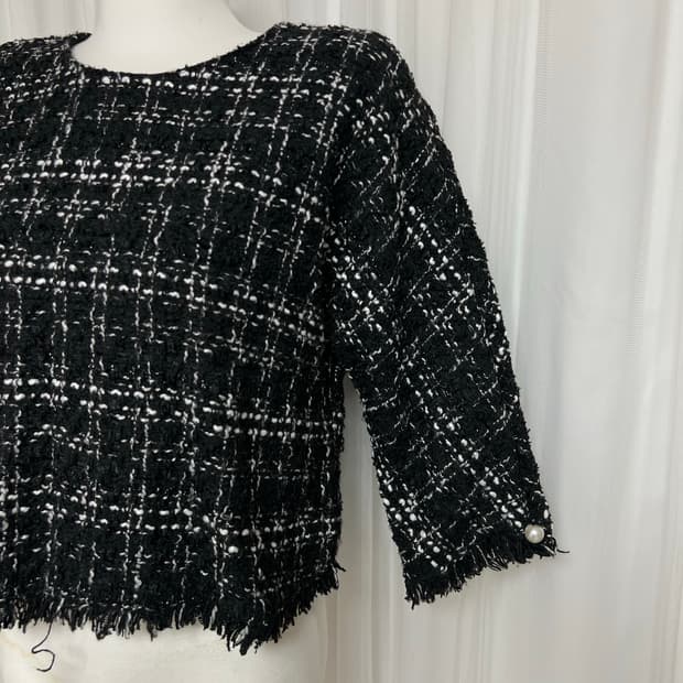 Zara 트위드 블랙 자켓 진주 디테일 티셔츠 L