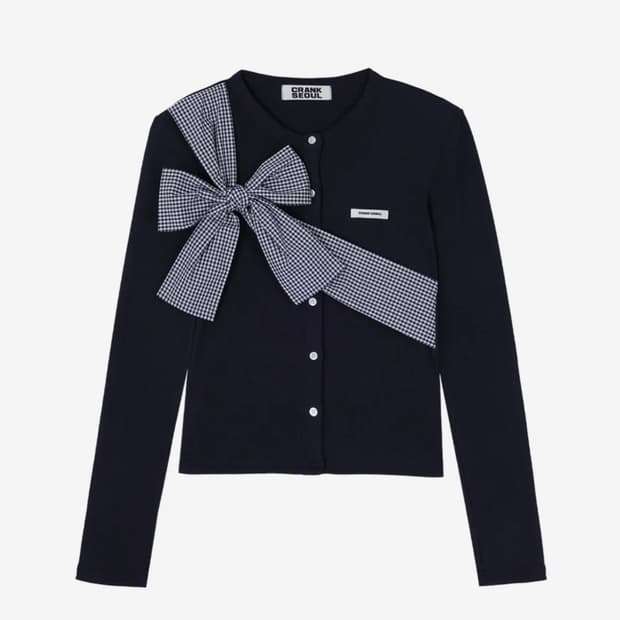 크랭크 리본 매듭 니트 가디건 네이비
