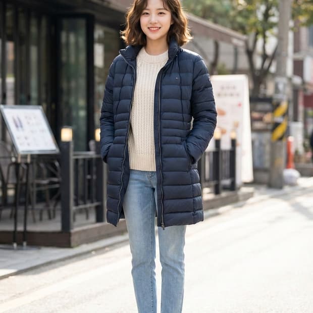 타미힐피거 데님 여성 네이비 롱 패딩