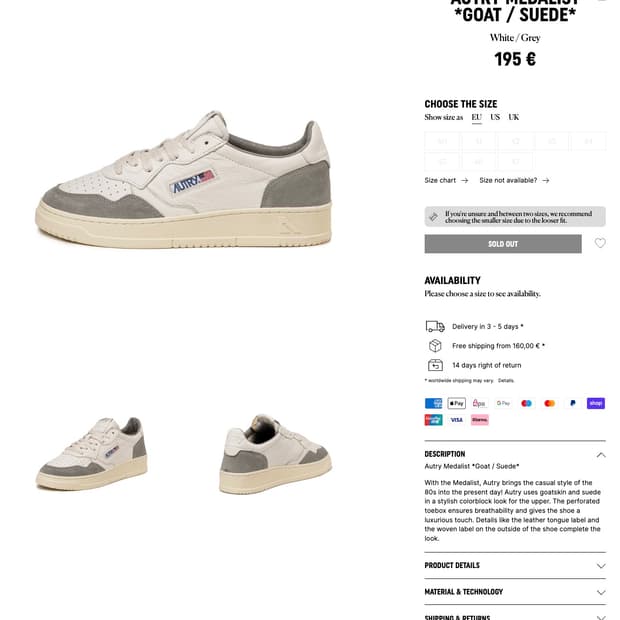 직구 새상품) 오트리 남성 그레이 화이트 블랙탭 고트스킨 운동화 43