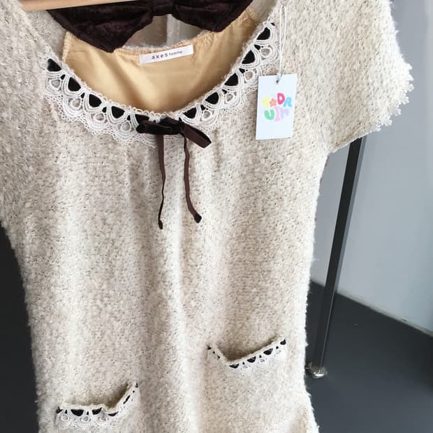 axes femme 엑시즈팜 라떼 초코 리본 반팔 레이어드 원피스