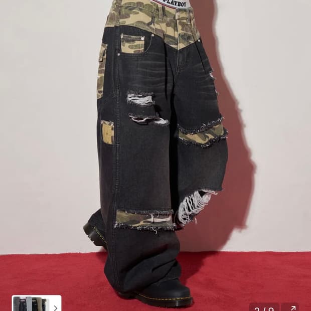카모 믹스 데미지 와이드 데님팬츠 블랙