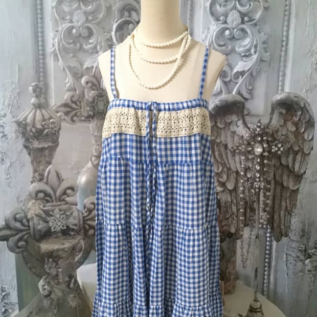 (Sale) 블루 깅엄체크 모리 롱스커트 • 원피스