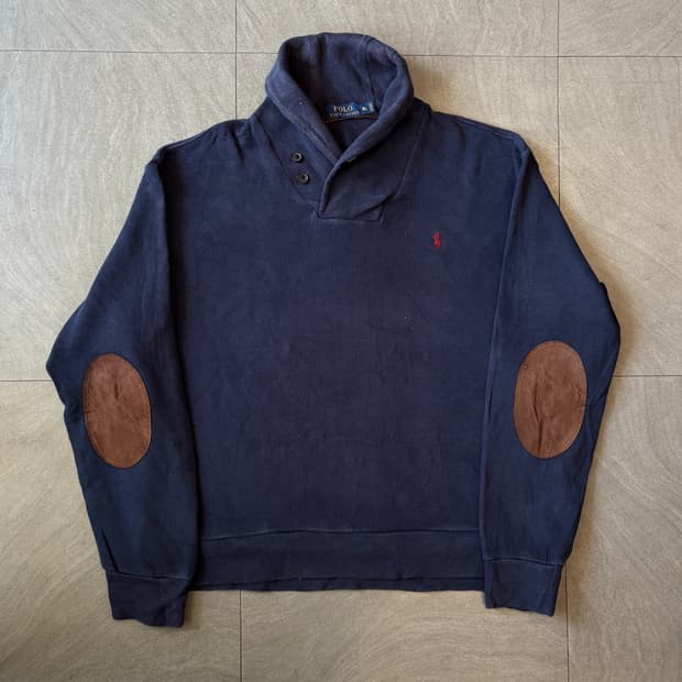 폴로 네이비 코튼 숄카라 엘보우 패치 니트