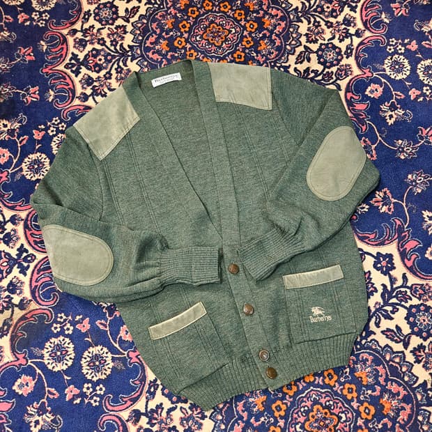 버버리 80's 코만도 울 카키 가죽 패치 블럭 가디건 자켓 