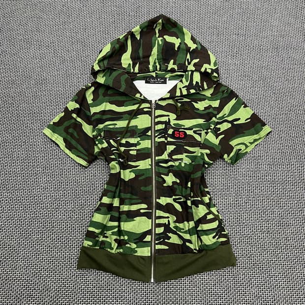 빈티지 갸루 펑크 카모 반팔 후드집업