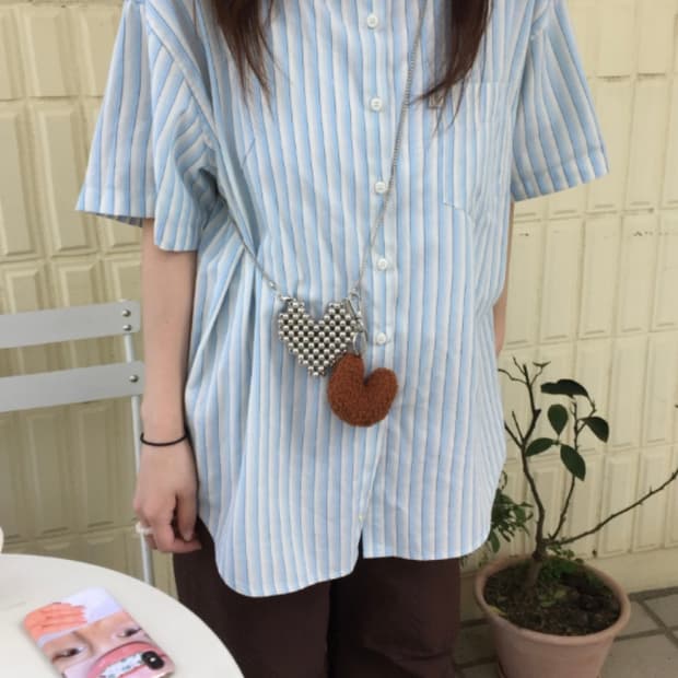 하우유 스트라이프 반팔셔츠 스카이블루