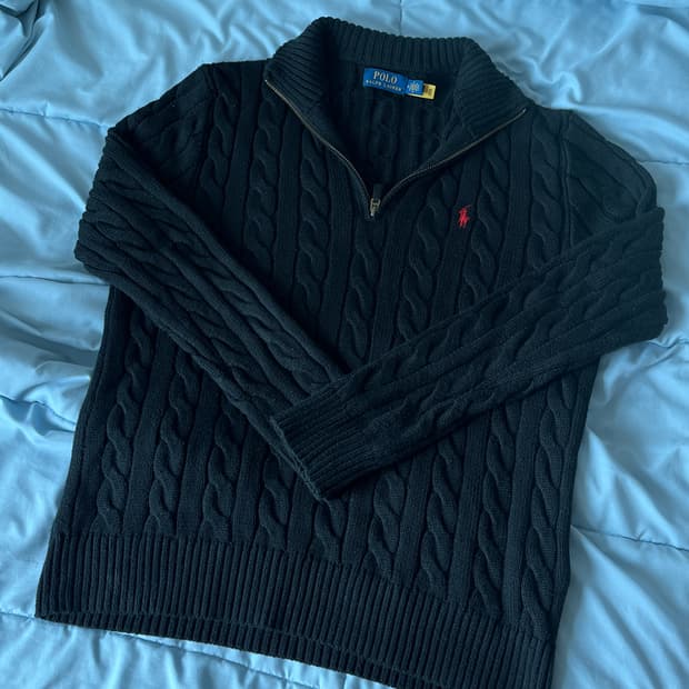 폴로 랄프로렌 케이블 니트 반집업 블랙 M