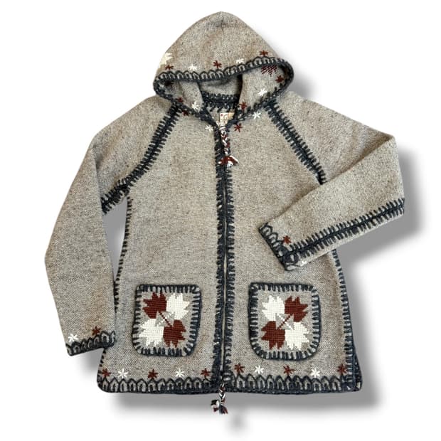 JPN 모카 스티치 단풍 플라워 자수 울 코위찬 후드집업