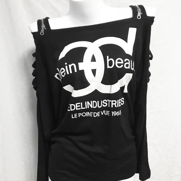 빈티지 갸루 펑크 지퍼 디테일 트임 오프숄더 롱슬리브 탑