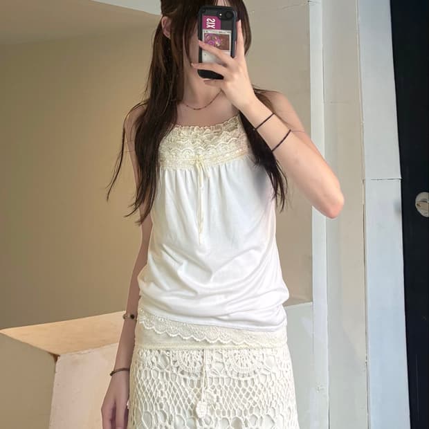 L)Japanese vintage 여성 레이스 디테일 화이트 나시