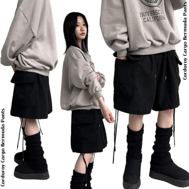 투이어즈 코듀로이 빅포켓 스트링 반바지 – 블랙