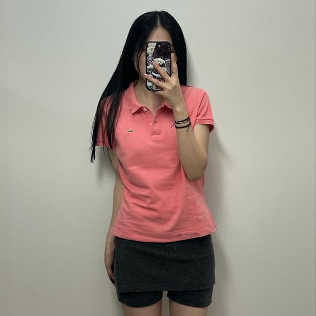 라코스테 자수로고 핑크 피케 반팔 카라 티셔츠