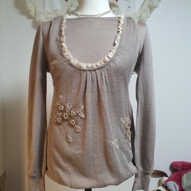 [모리걸] 레이스 장식 여성 니트 긴팔 티셔츠