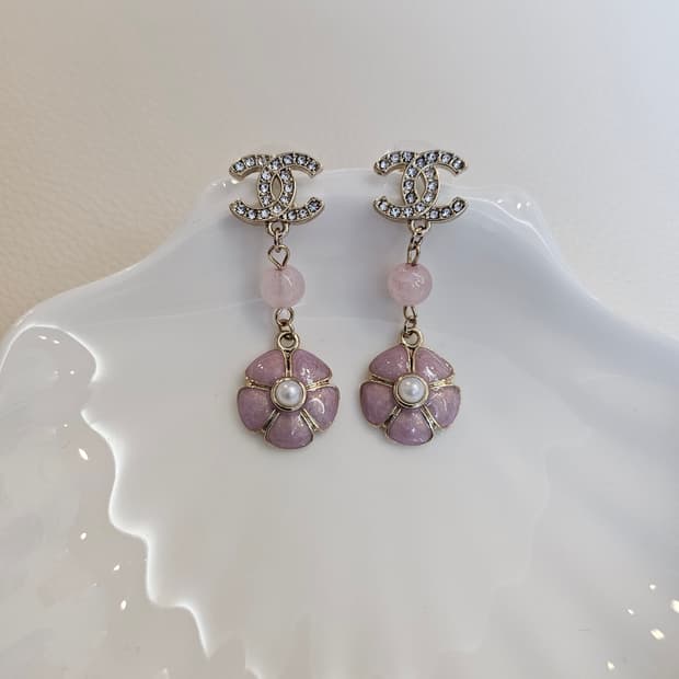 샤넬 핑크플라워 큐빅CC 드롭귀걸이  업사이클링