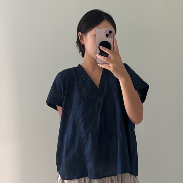 일본빈티지 네이비 자수 슬리브리스