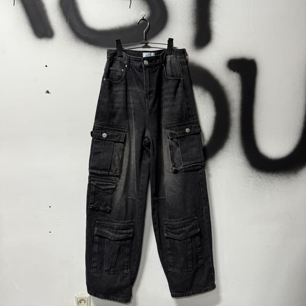 VTG 빈티지 멀티 포켓 흑청 워싱 벌룬핏 와이드 카고 데님 팬츠