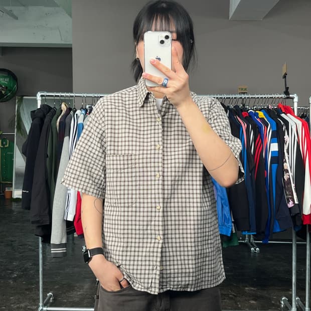 디키즈 크롭 체크 반팔 셔츠