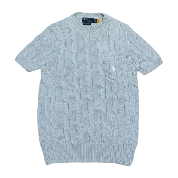 폴로 랄프로렌 꽈배기 케이블 니트 반팔 소라 블루 S