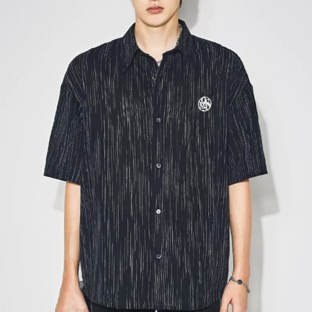 메종미네드 LINEN STRIPE HALF SHIRTS BLACK