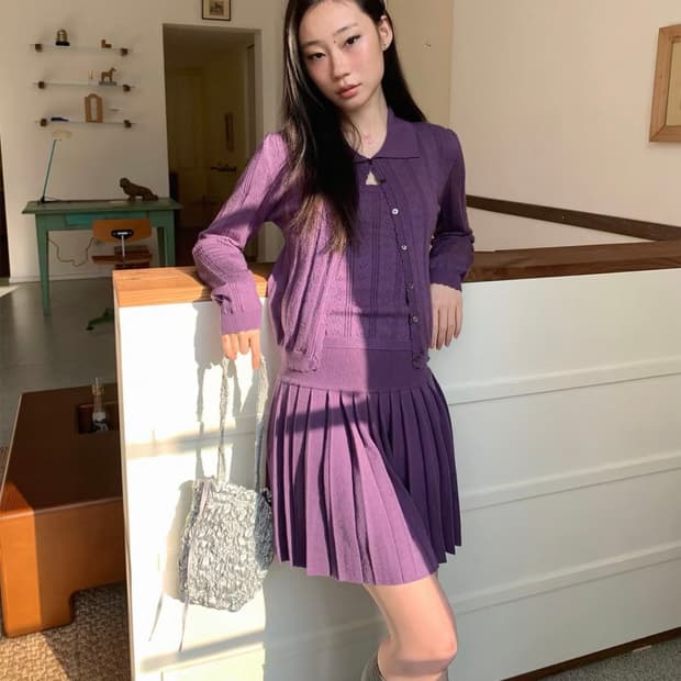 보라색 가디건, 나시, 치마 세트 원피스