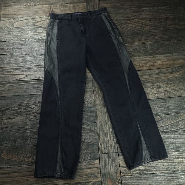 [비슬로우 퍼플] 레더 도킹 바이커 데님 팬츠 청바지 M17993