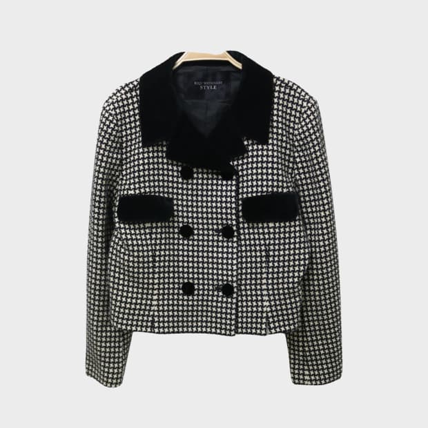 코지 와타나베  벨벳 카라 울 체크 숏 더블코트 61500