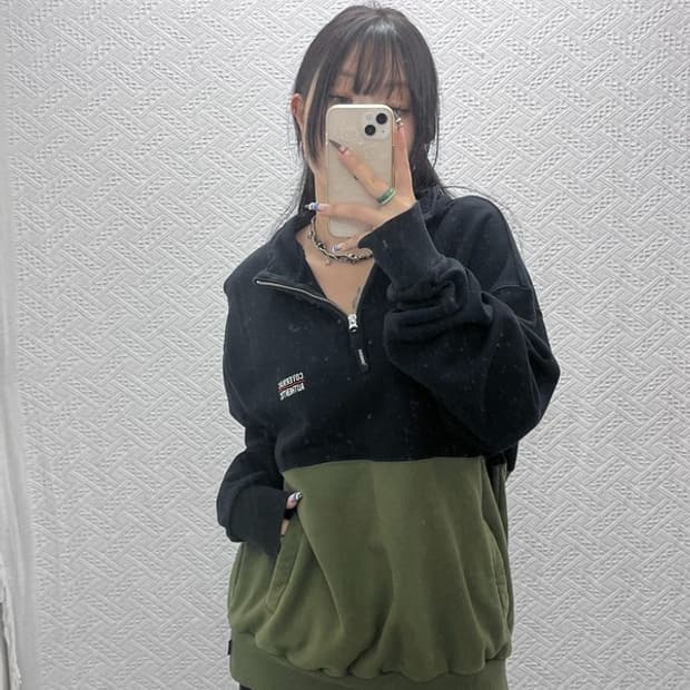 커버낫 캐주얼 올리브카키 배색 반집업 맨투맨 XL C07841