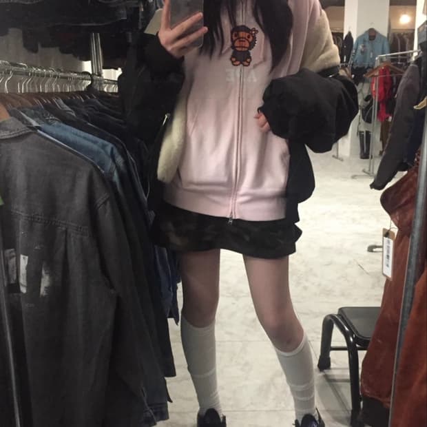 베이프 딸기우유 핑크 베이비 리사 크리스탈 스톤 큐빅 컬러지 후드집업