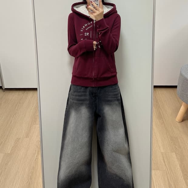 아베크롬비 자수로고 양털안감 버건디 후드집업