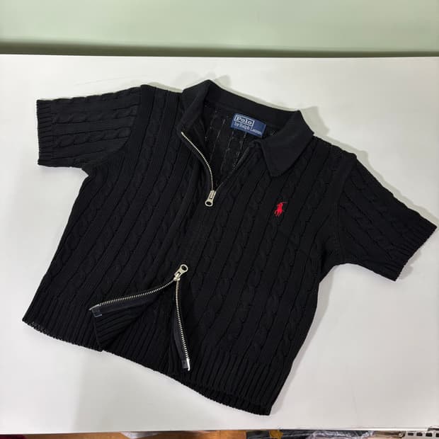 우먼S-M 폴로 랄프로렌 블랙 꽈배기 투웨이 시스루 크롭 니트집업