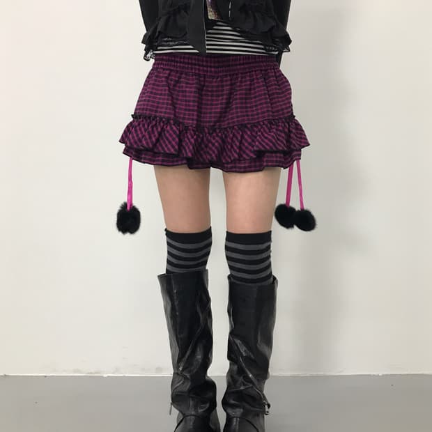 LIZ LISA Pink Check Pompom Mini Skirt