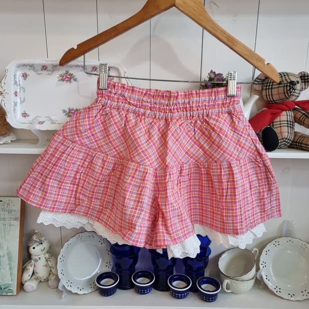 체크 캉캉 치마바지 핑크 레이스