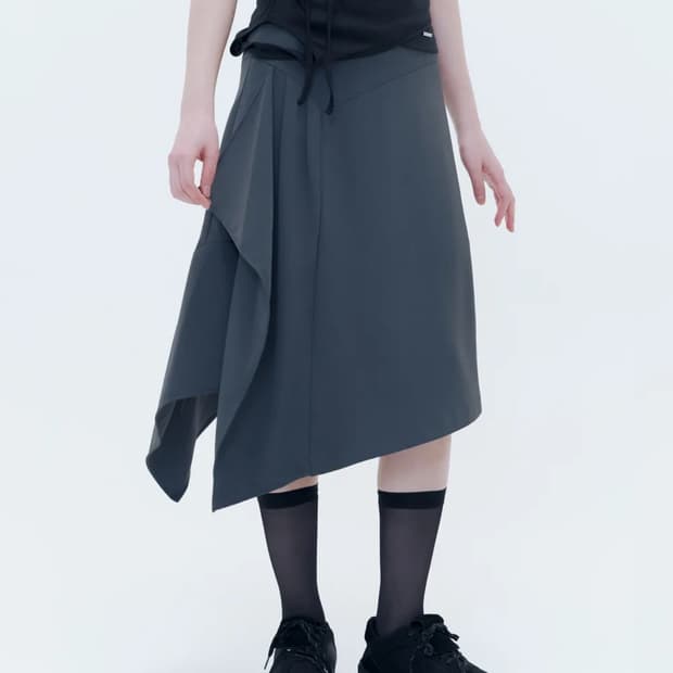 Side pleats gathered midi skirt CHARCOAL