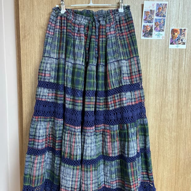 재팬빈티지 체크 롱스커트 네이비