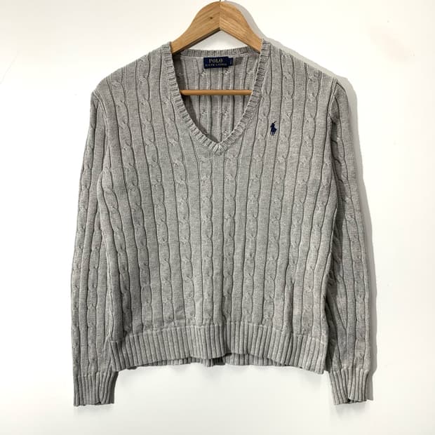 폴로 그레이 브이넥 우먼스 케이블 니트