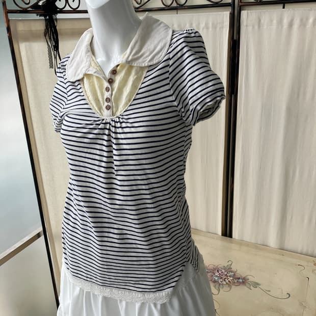 round collar lace stripe short sleeve