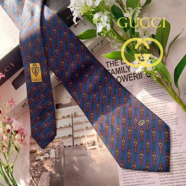 구찌 실크 다크블루 아이덴티티 패턴 넥타이 9cm A+등급 K161
