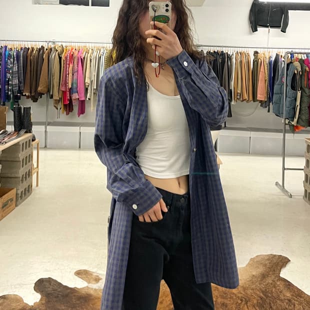 NEEDLES check collarless shirts 니들즈 카라리스