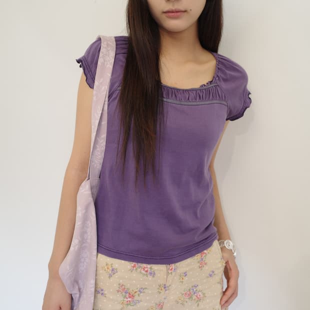 purple frill blouse