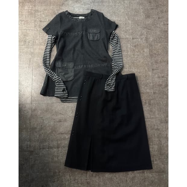 사이드 지퍼 핸드워머 셔링 탑 울 스커트 3pcs SET