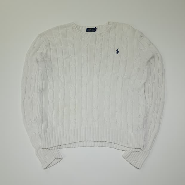 CL095 XL 폴로 랄프로렌 네이비 포니 자수 화이트 케이블 니트