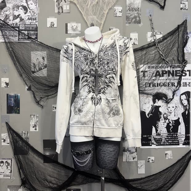 00‘s Grunge Embroidery detail hoodie zip