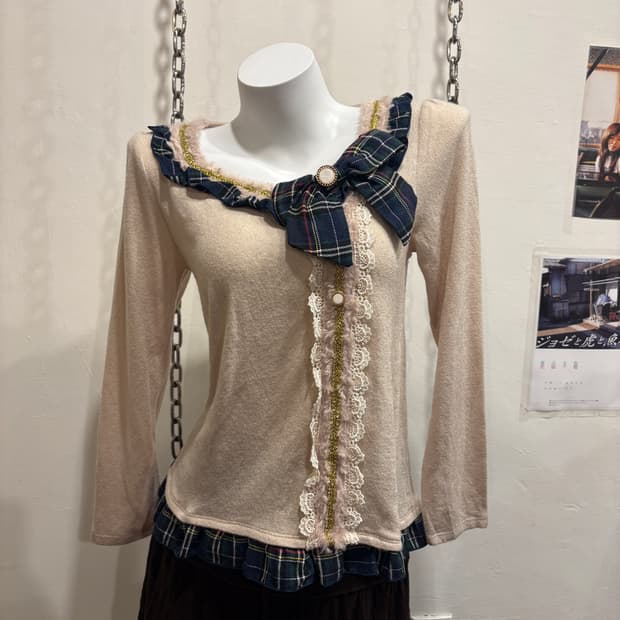 axes femme 엑시즈팜 퍼 체크리본 아이보리 니트 롱슬리브 