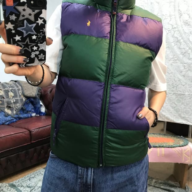 폴로랄프로렌 여성 리버시블 퍼플그린 배색 패딩조끼 