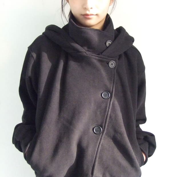 High Neck Hood Zip Up Black