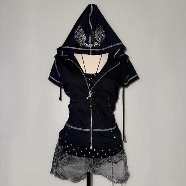 BRONZE AGE 스티치 날개 반팔 후드집업