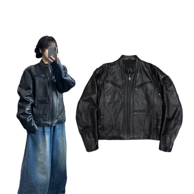 바이커 리얼레더 멀티지퍼 레이싱 가죽자켓