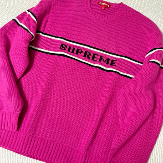 슈프림 체스트 스트라이프 스웨터 핑크